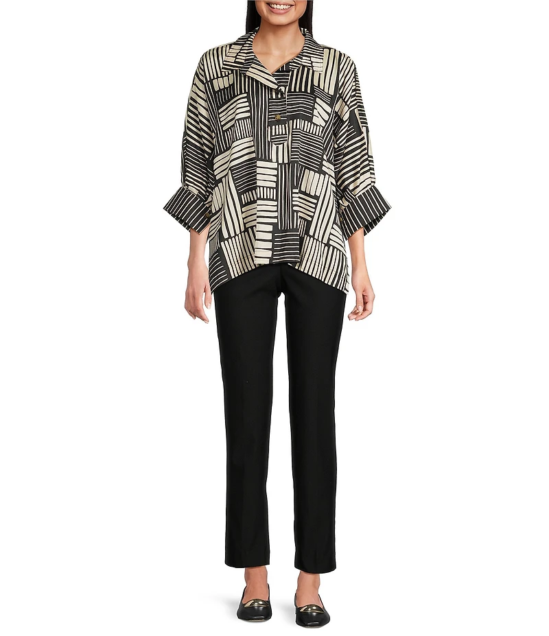 Ali Miles Woven Abstract Stripe Square Print Point Collar 3/4 Dolman Cuff Sleeve Tunic