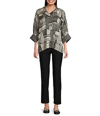 Ali Miles Woven Abstract Stripe Square Print Point Collar 3/4 Dolman Cuff Sleeve Tunic