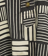 Ali Miles Woven Abstract Stripe Square Print Point Collar 3/4 Dolman Cuff Sleeve Tunic