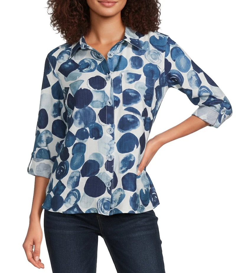 Ali Miles Woven All Over Dot Print Point Collar 3/4 Roll-Tab Sleeve Button Front Tunic
