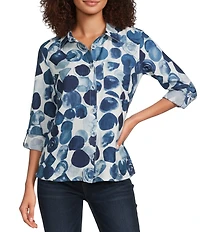 Ali Miles Woven All Over Dot Print Point Collar 3/4 Roll-Tab Sleeve Button Front Tunic