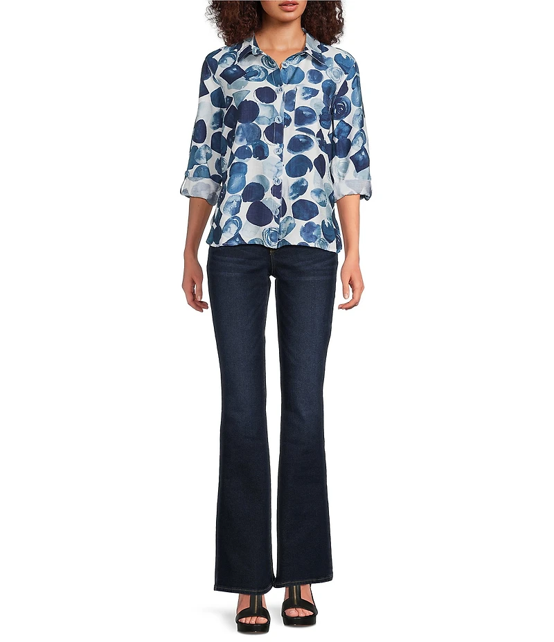 Ali Miles Woven All Over Dot Print Point Collar 3/4 Roll-Tab Sleeve Button Front Tunic