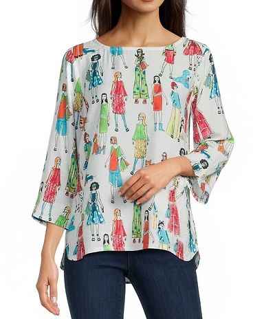 Ali Miles Woven All Over Woman Multi Print Round Neck 3/4 Sleeve Pullover Top