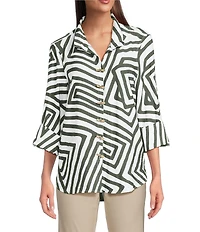 Ali Miles Woven Allover Abstract Print Wire Collar 3/4 Sleeve Hi-Low Hem Button Front Tunic