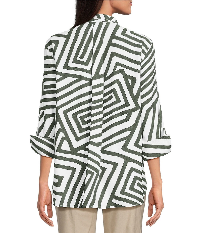 Ali Miles Woven Allover Abstract Print Wire Collar 3/4 Sleeve Hi-Low Hem Button Front Tunic