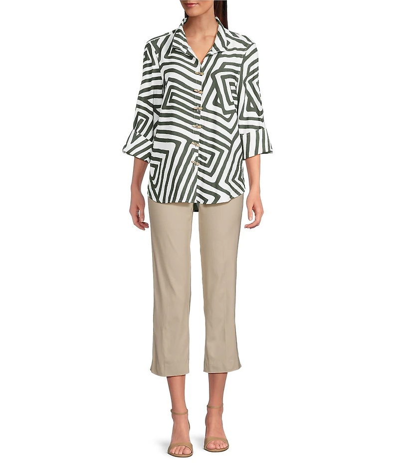 Ali Miles Woven Allover Abstract Print Wire Collar 3/4 Sleeve Hi-Low Hem Button Front Tunic