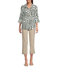 Ali Miles Woven Allover Abstract Print Wire Collar 3/4 Sleeve Hi-Low Hem Button Front Tunic
