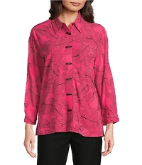 Ali Miles Woven Allover Floral Embroidered Point Collar 3/4 Sleeve Button Front Tunic