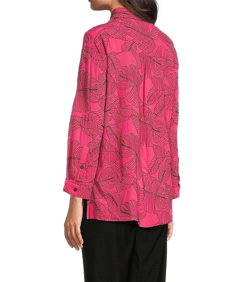 Ali Miles Woven Allover Floral Embroidered Point Collar 3/4 Sleeve Button Front Tunic