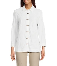 Ali Miles Woven Allover Floral Embroidered Point Collar 3/4 Sleeve Button Front Tunic