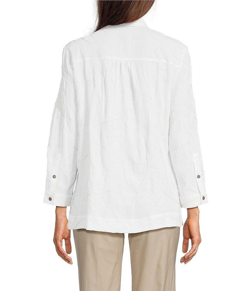 Ali Miles Woven Allover Floral Embroidered Point Collar 3/4 Sleeve Button Front Tunic