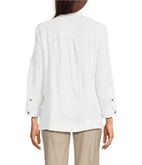 Ali Miles Woven Allover Floral Embroidered Point Collar 3/4 Sleeve Button Front Tunic