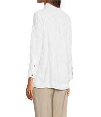 Ali Miles Woven Allover Floral Embroidered Point Collar 3/4 Sleeve Button Front Tunic