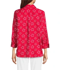 Ali Miles Woven Allover Star Print Point Collar 3/4 Cuffed Sleeve Button Front Tunic