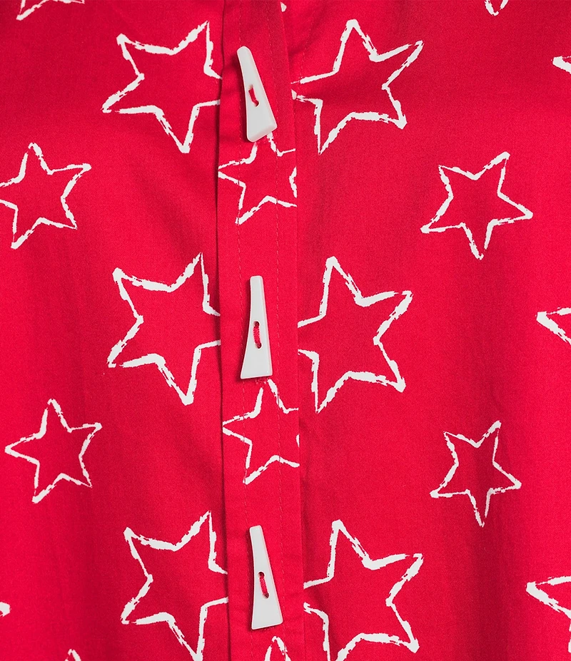Ali Miles Woven Allover Star Print Point Collar 3/4 Cuffed Sleeve Button Front Tunic