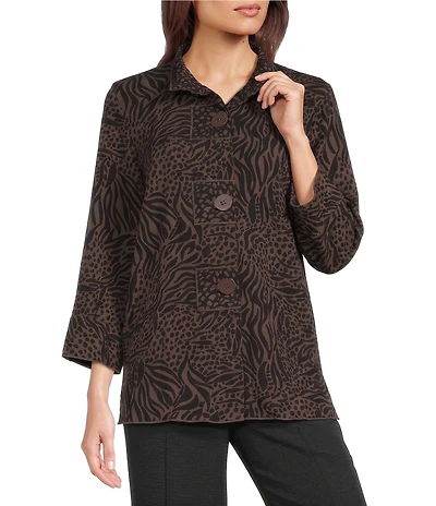Ali Miles Woven Animal Dotted Print Wire Collar 3/4 Sleeve Button-Front Tunic