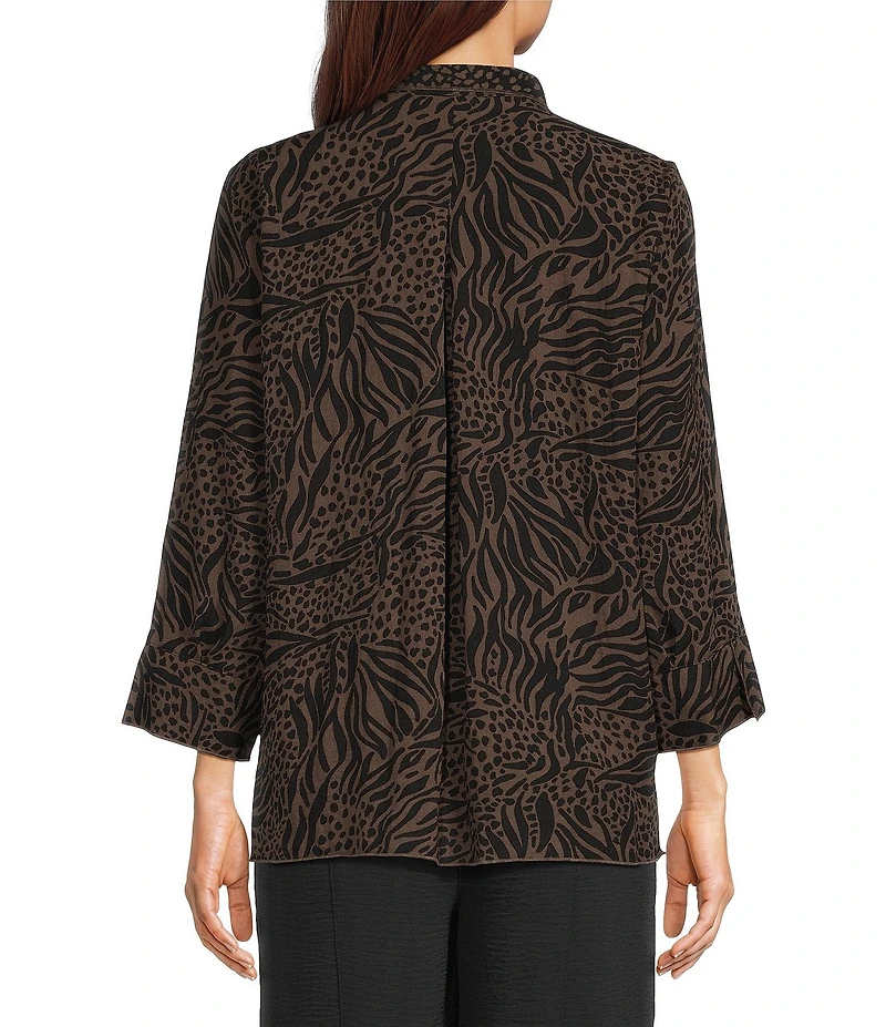 Ali Miles Woven Animal Dotted Print Wire Collar 3/4 Sleeve Button-Front Tunic
