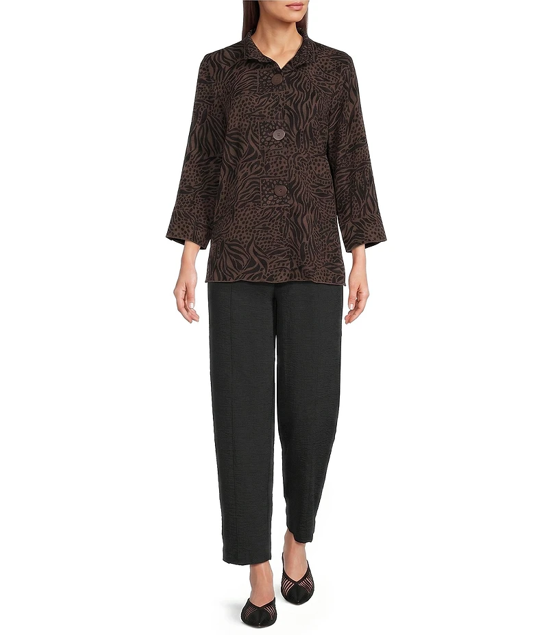 Ali Miles Woven Animal Dotted Print Wire Collar 3/4 Sleeve Button-Front Tunic