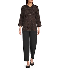 Ali Miles Woven Animal Dotted Print Wire Collar 3/4 Sleeve Button-Front Tunic