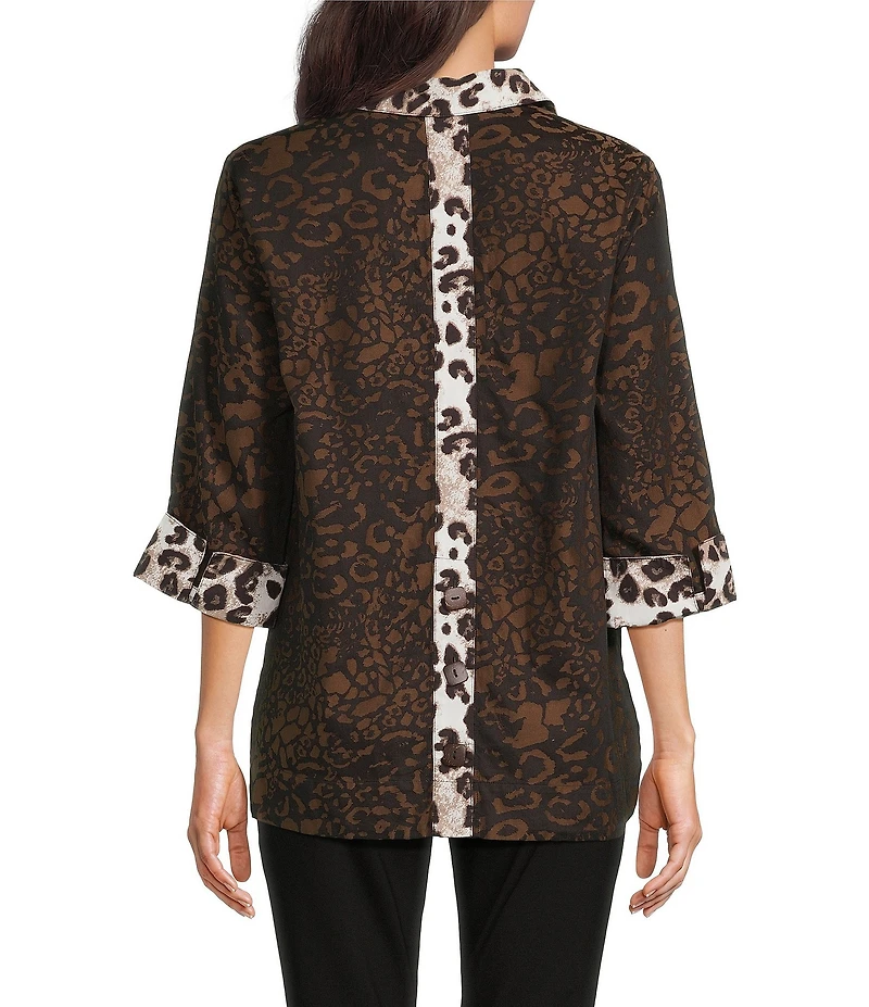 Ali Miles Woven Animal Print Point Collar 3/4 Sleeve Contrast Trim Hi-Low Hem Tunic