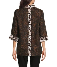 Ali Miles Woven Animal Print Point Collar 3/4 Sleeve Contrast Trim Hi-Low Hem Tunic