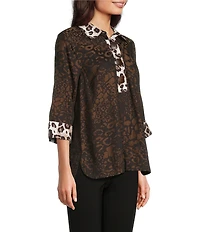 Ali Miles Woven Animal Print Point Collar 3/4 Sleeve Contrast Trim Hi-Low Hem Tunic