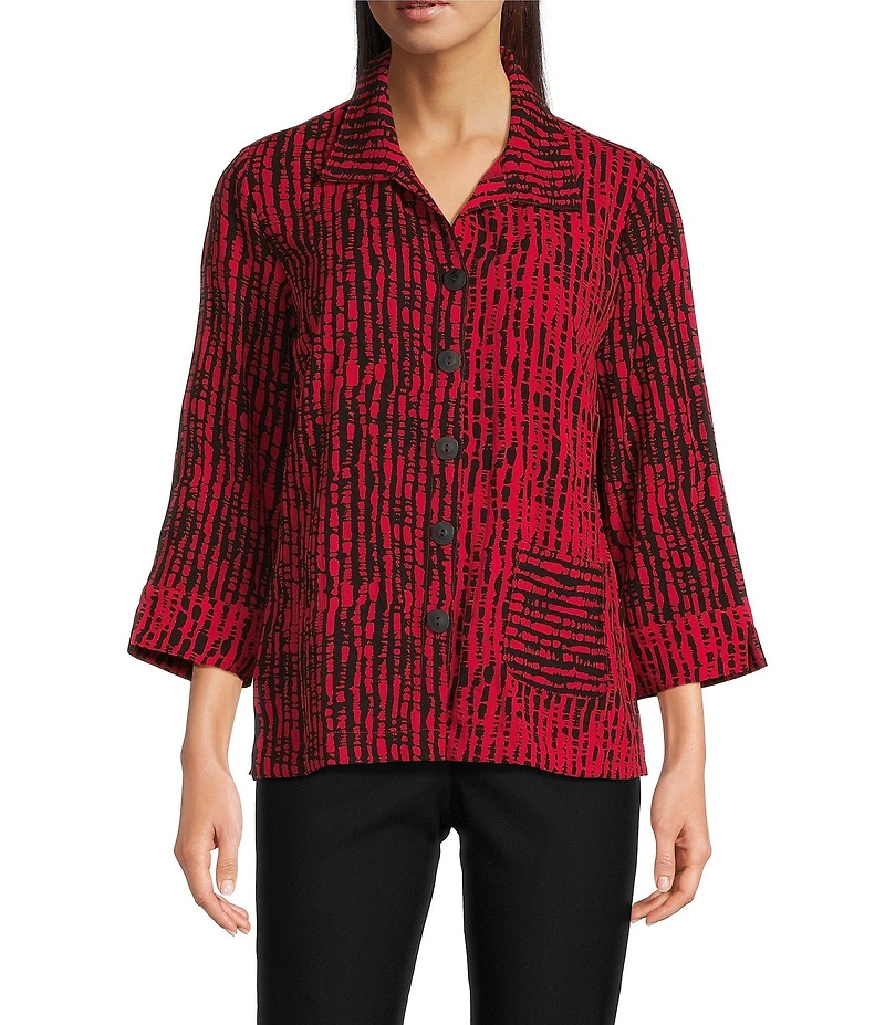 Ali Miles Woven Black Stroke Print Point Collar 3/4 Sleeve Button Front Tunic