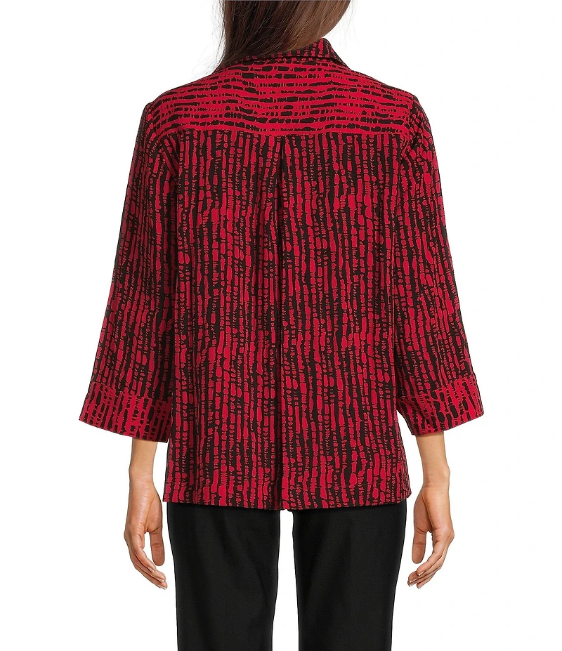 Ali Miles Woven Black Stroke Print Point Collar 3/4 Sleeve Button Front Tunic
