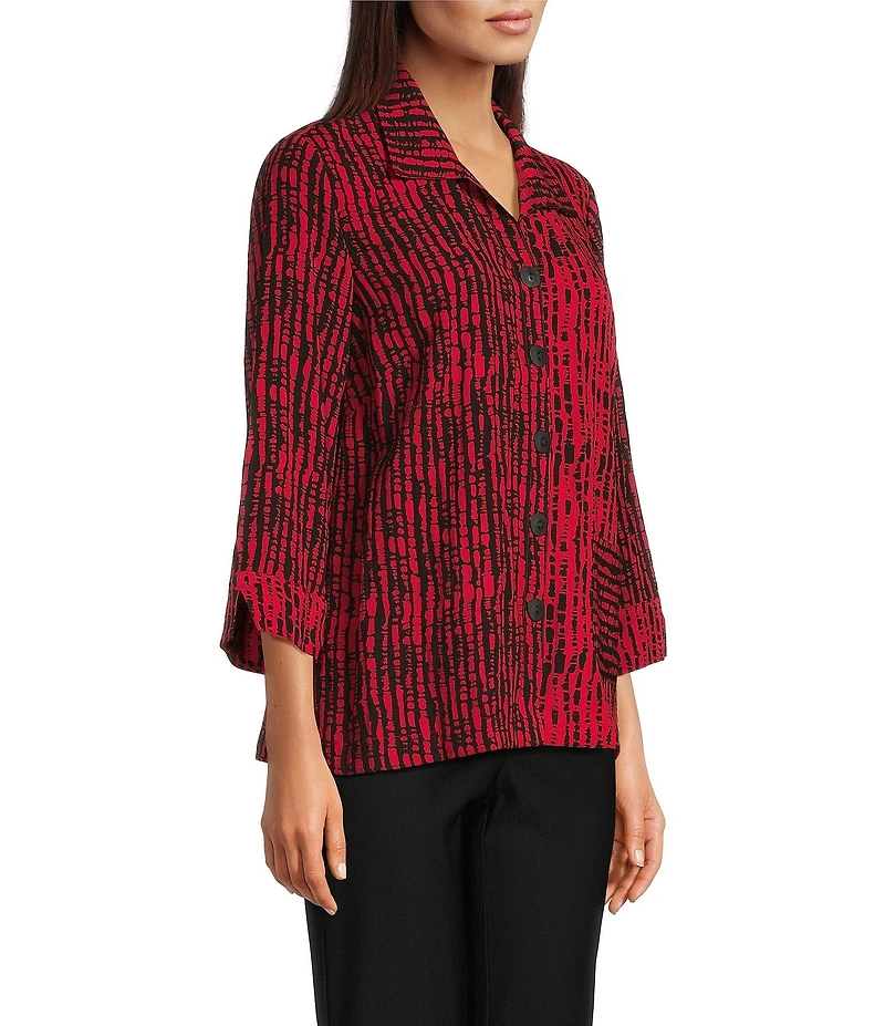 Ali Miles Woven Black Stroke Print Point Collar 3/4 Sleeve Button Front Tunic