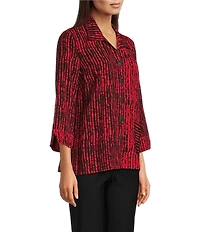Ali Miles Woven Black Stroke Print Point Collar 3/4 Sleeve Button Front Tunic