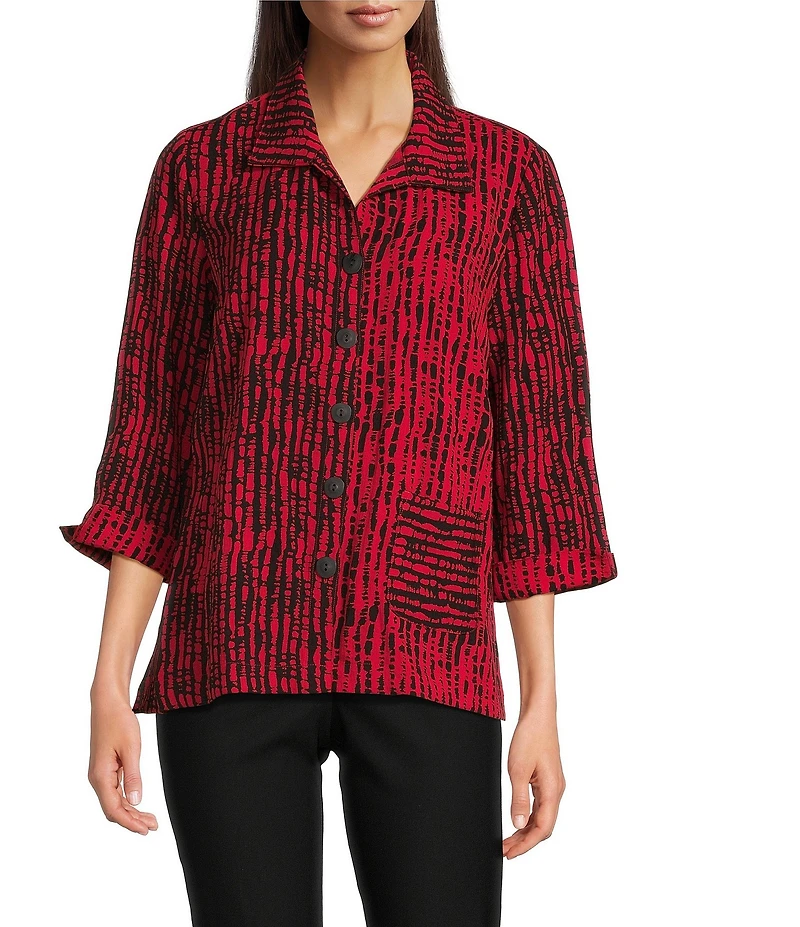 Ali Miles Woven Black Stroke Print Point Collar 3/4 Sleeve Button Front Tunic