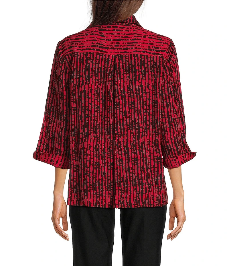 Ali Miles Woven Black Stroke Print Point Collar 3/4 Sleeve Button Front Tunic
