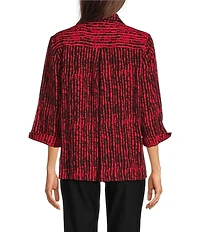 Ali Miles Woven Black Stroke Print Point Collar 3/4 Sleeve Button Front Tunic