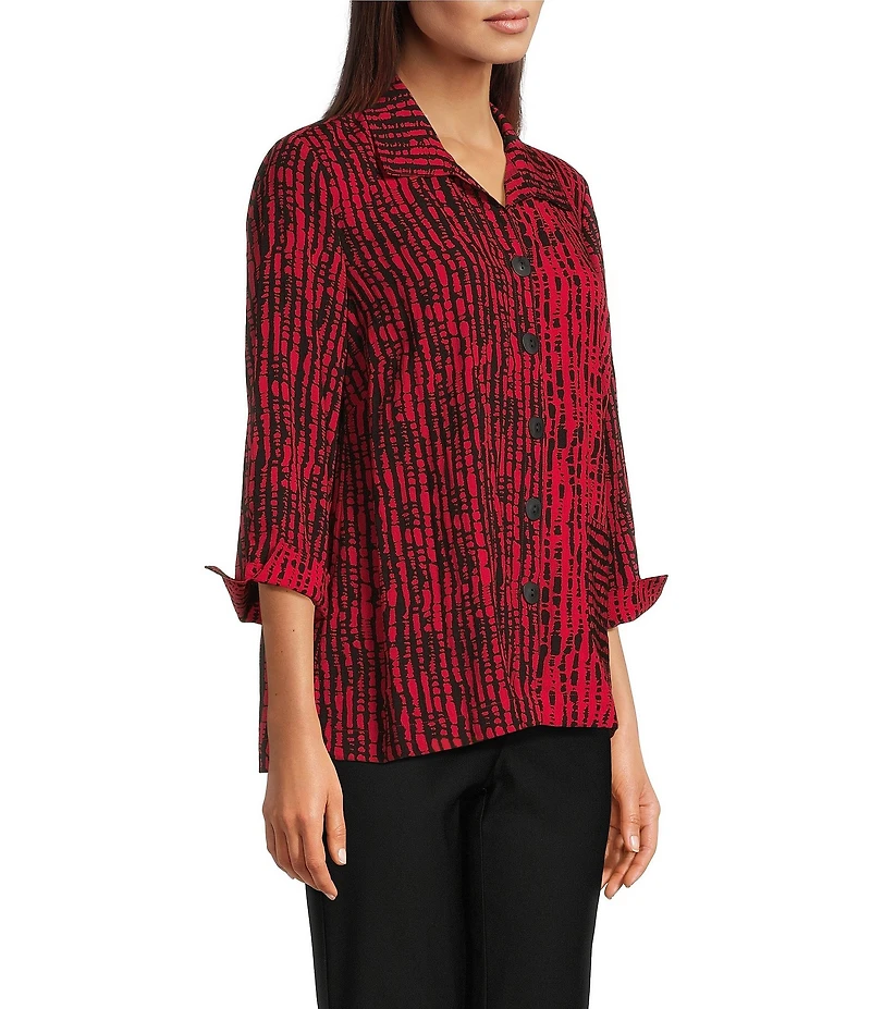 Ali Miles Woven Black Stroke Print Point Collar 3/4 Sleeve Button Front Tunic