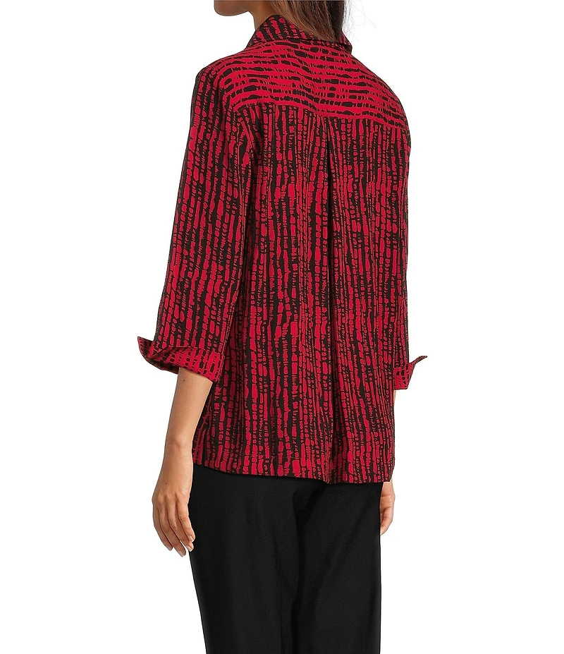Ali Miles Woven Black Stroke Print Point Collar 3/4 Sleeve Button Front Tunic