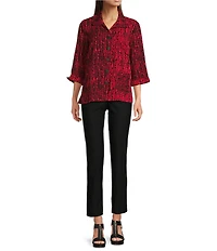 Ali Miles Woven Black Stroke Print Point Collar 3/4 Sleeve Button Front Tunic