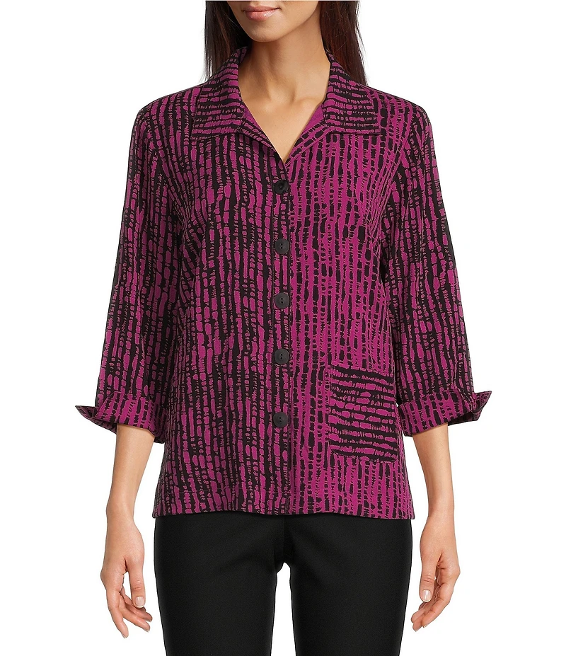 Ali Miles Woven Black Stroke Print Point Collar 3/4 Sleeve Button Front Tunic