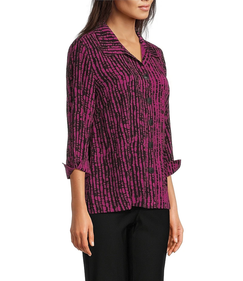 Ali Miles Woven Black Stroke Print Point Collar 3/4 Sleeve Button Front Tunic
