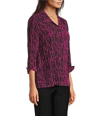 Ali Miles Woven Black Stroke Print Point Collar 3/4 Sleeve Button Front Tunic