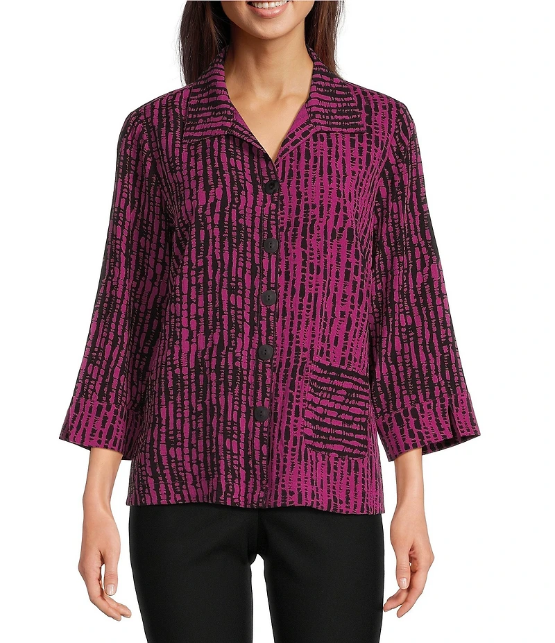 Ali Miles Woven Black Stroke Print Point Collar 3/4 Sleeve Button Front Tunic