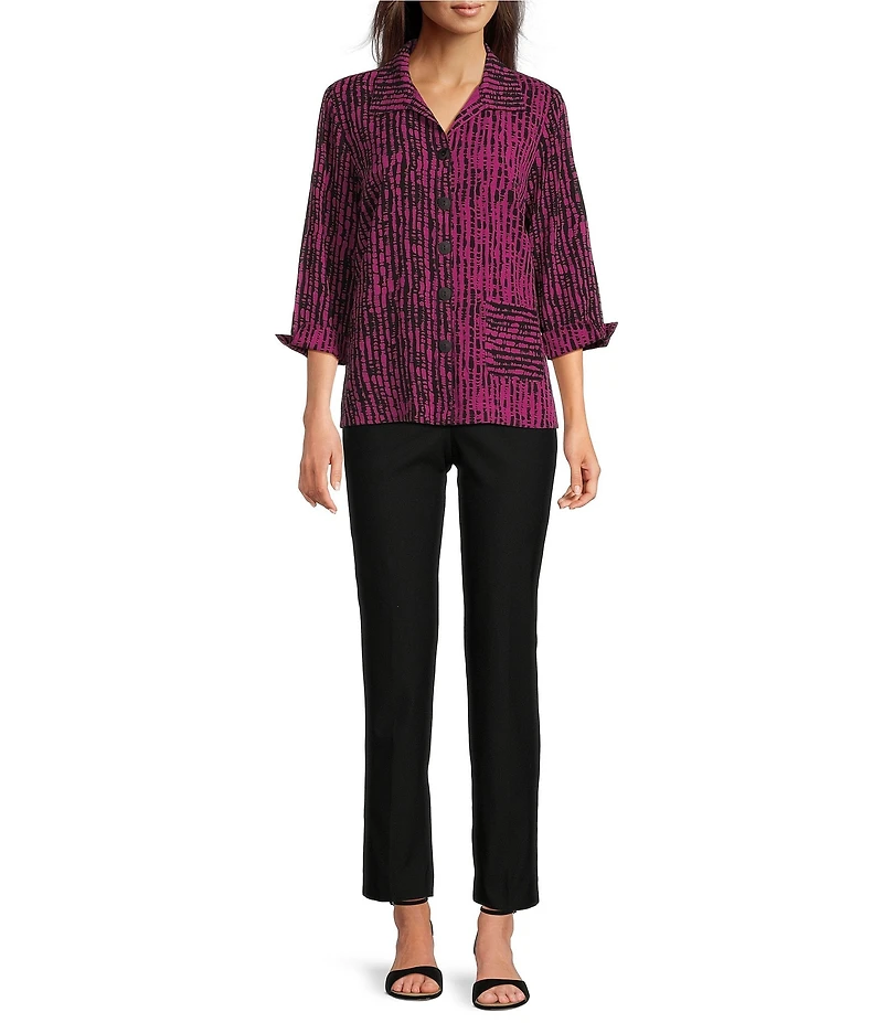 Ali Miles Woven Black Stroke Print Point Collar 3/4 Sleeve Button Front Tunic