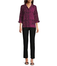 Ali Miles Woven Black Stroke Print Point Collar 3/4 Sleeve Button Front Tunic
