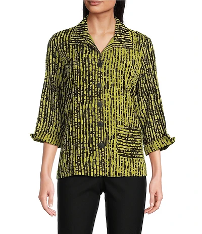 Ali Miles Woven Black Stroke Print Point Collar 3/4 Sleeve Button Front Tunic