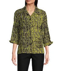 Ali Miles Woven Black Stroke Print Point Collar 3/4 Sleeve Button Front Tunic