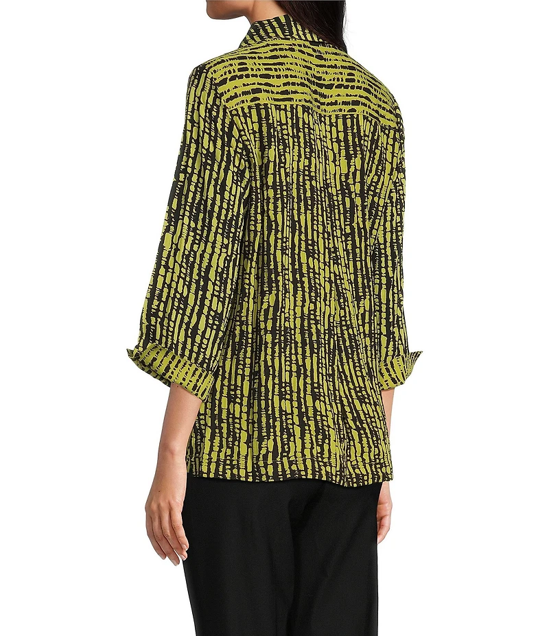 Ali Miles Woven Black Stroke Print Point Collar 3/4 Sleeve Button Front Tunic
