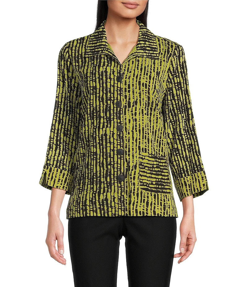 Ali Miles Woven Black Stroke Print Point Collar 3/4 Sleeve Button Front Tunic