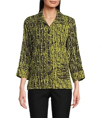 Ali Miles Woven Black Stroke Print Point Collar 3/4 Sleeve Button Front Tunic