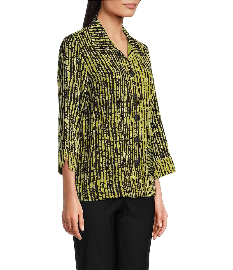 Ali Miles Woven Black Stroke Print Point Collar 3/4 Sleeve Button Front Tunic
