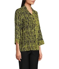 Ali Miles Woven Black Stroke Print Point Collar 3/4 Sleeve Button Front Tunic
