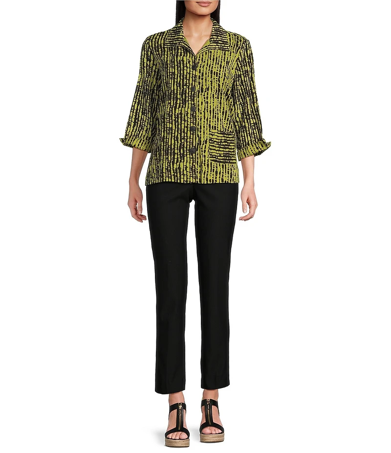 Ali Miles Woven Black Stroke Print Point Collar 3/4 Sleeve Button Front Tunic